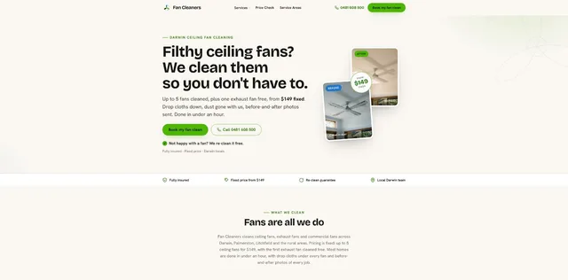 Fan Cleaners homepage, a ceiling fan cleaning service site in Darwin, Australia