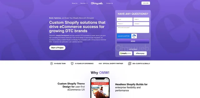 Ohmyweb homepage, a Shopify development agency site