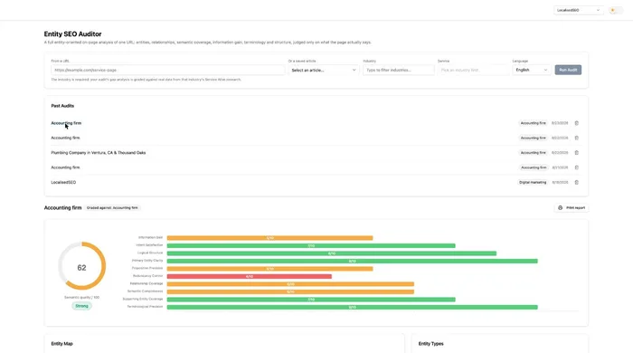 Entity SEO Auditor showing a real semantic-quality score breakdown across 10 dimensions