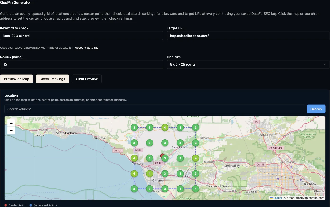 GeoPin Generator showing a grid of local search rank checks around an address