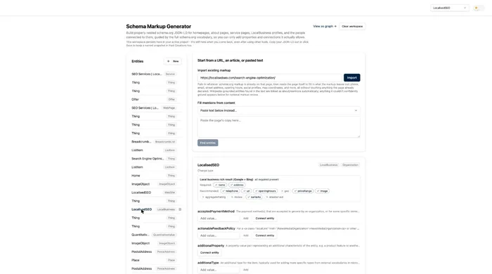 Schema Generator showing a real LocalBusiness entity's required and recommended properties
